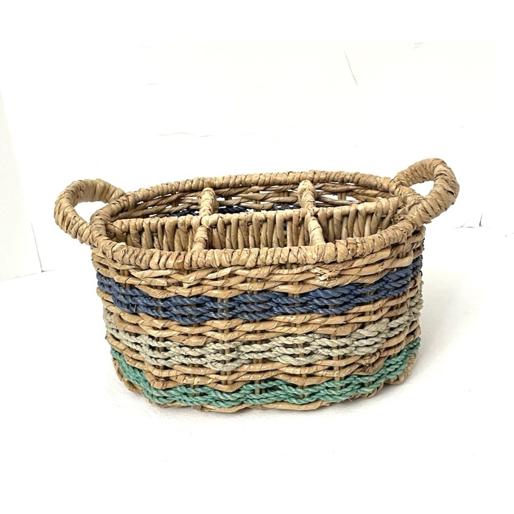 Handwoven Wicker Basket Caddy Divided Natural & Blues Handles Utensil Bottles